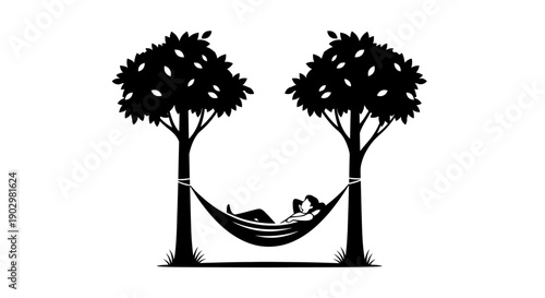A person relaxing in a hammock between two trees in a serene outdoor setting from a distant viewpoint
