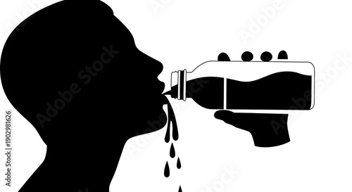 A person drinking from a bottle, liquid spilling from their mouth, vector illustration