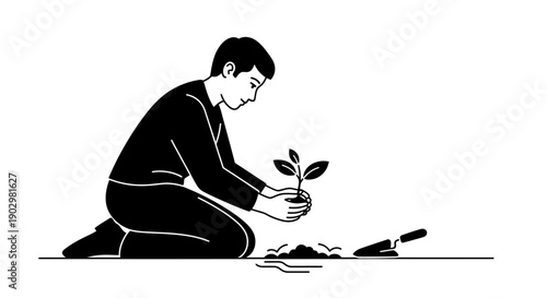Man kneeling to plant a small sapling in the ground, nurturing growth, outdoors, serene environment, gentle perspective