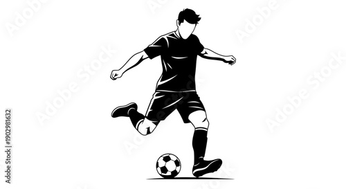 A soccer player kicking a ball with dynamic movement and energy in a sports illustration from a side viewpoint