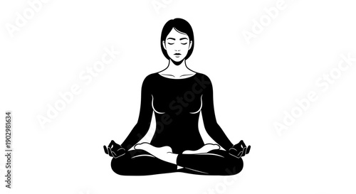 Woman practicing yoga in a serene lotus position illustration on a simple white background from a front viewpoint