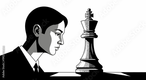 A businessman intensely staring at a giant chess king piece on a table in a monochrome illustration from a profile viewpoint