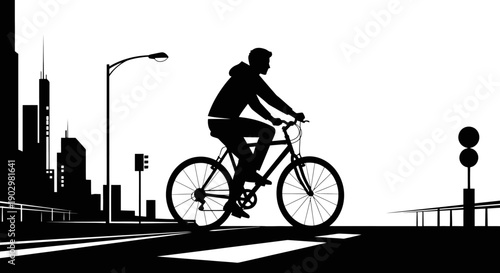 A cyclist rides a bicycle across a city street intersection with skyscrapers in the background