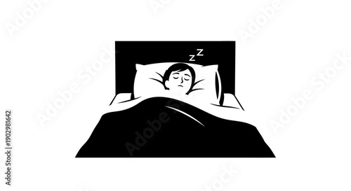 A person sleeping peacefully in bed with a calm expression and relaxed posture in a serene bedroom environment from a front viewpoint