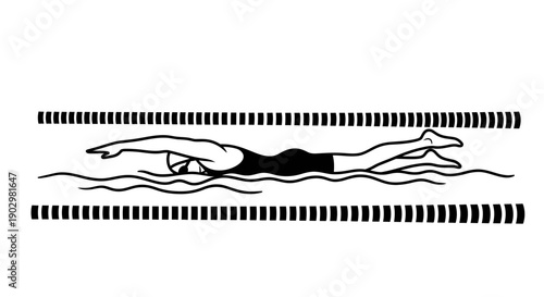 A swimmer in a swimsuit gliding through calm water from a side view in a pool with dotted lane dividers