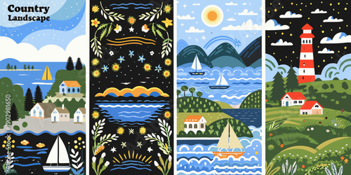Four vertical panels depict idyllic country landscapes with nautical themes
