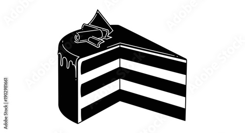 A black and white illustration of a slice of cake with a fish on top viewed from the side