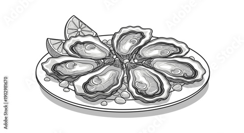 A plate of oysters with lemon, a delicacy, served on a round plate, viewed from above.