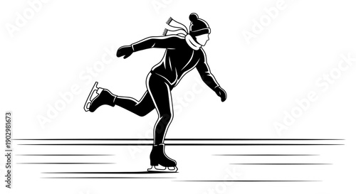 Speed Skater in Action on Ice, Illustration of Athletic Movement and Speed
