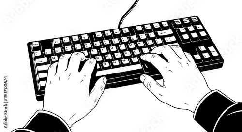Hands typing on a keyboard from a top-down viewpoint