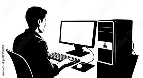 Man working on computer with dual monitors and desktop tower in office environment from behind viewpoint