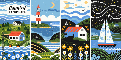 Four illustrated country landscape panels depicting various scenic views