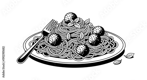 A plate of spaghetti with meatballs and a fork on a clean white surface