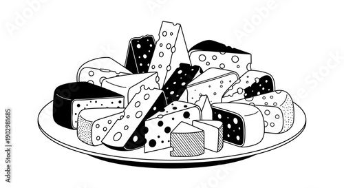 A high-angle view of a variety of cheeses on a plate, showcasing different textures and patterns.