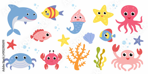 Colorful cartoon sea creatures and plants on a white background