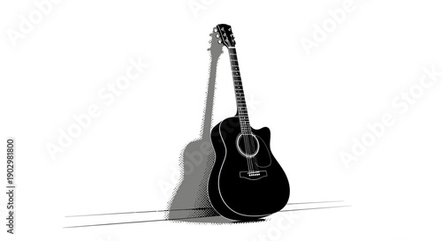 A black acoustic guitar stands upright on a stand viewed from the front in a minimalist white environment