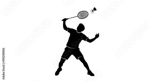 Man playing badminton with racket and shuttlecock in action pose, dynamic silhouette, sports scene