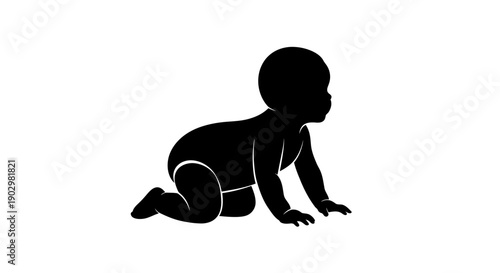 A crawling baby silhouette illustration on a plain white background viewed from the side