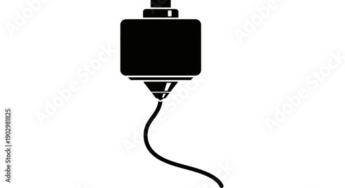 A simple black illustration of a camera with a cord on a plain white background from a front viewpoint.