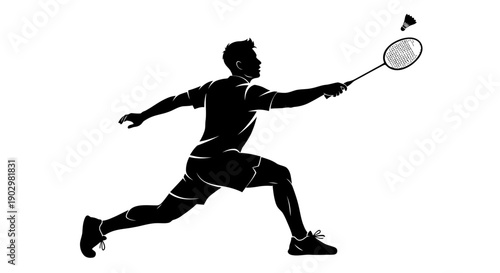 Man playing badminton with intense action shot in mid-air dynamic sports illustration
