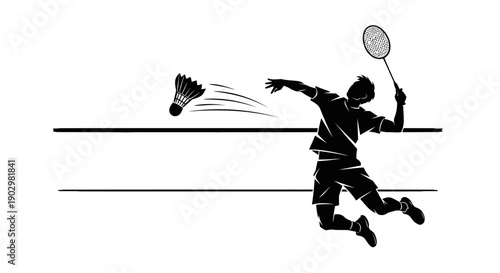 Man playing badminton in mid-air, hitting shuttlecock with racket on court