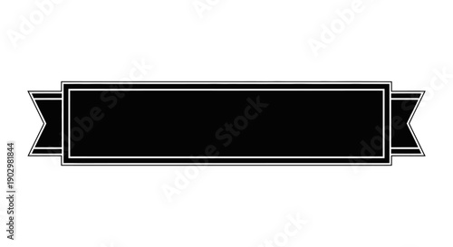 Black banner with ribbon design, empty space for text, isolated on white background, viewed from directly above