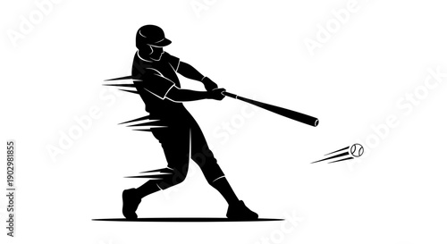 Baseball player swinging bat at ball in dynamic action shot from side viewpoint