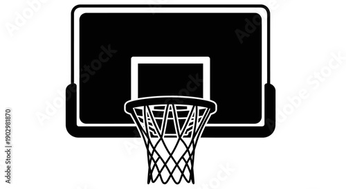 Basketball hoop and backboard viewed from the front in a sports arena