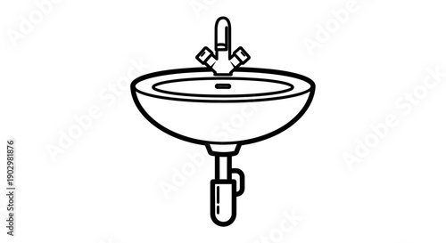 Simple line drawing of a wall-mounted sink with faucet and drain viewed from the front in a bathroom setting