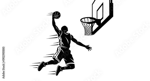 Man jumping high to dunk basketball into hoop on court from dynamic angle