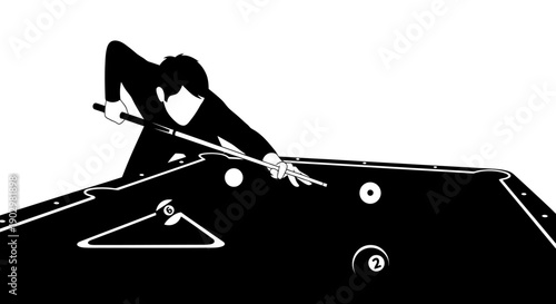 Silhouetted figure playing pool on a table with cue, balls, and pockets visible from an overhead viewpoint.
