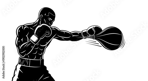 A muscular boxer throwing a punch in a fighting stance, illustrated in black and white