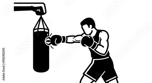A male boxer in action, punching a hanging punching bag in a gym environment from a side viewpoint