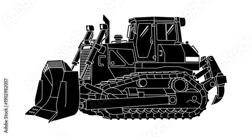 Heavy bulldozer with tracks and blade, viewed from the side, in a construction site environment