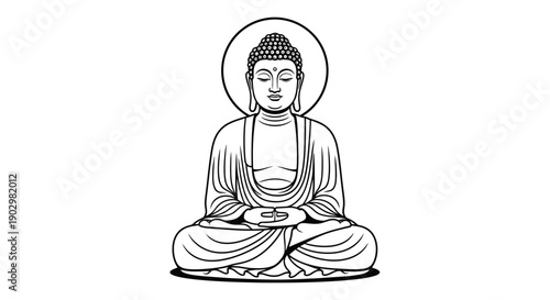 A serene illustration of Buddha meditating in lotus position with peaceful expression