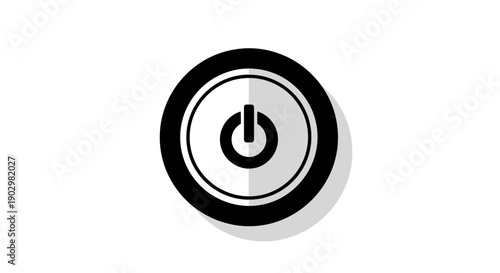 A power button icon is displayed on a circular interface with a shadow effect.