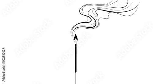 A smoking incense stick with wavy smoke trails rising from its tip, viewed from the side on a plain background