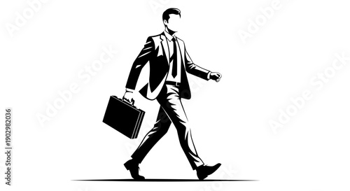 A businessman walking with a briefcase in hand, moving forward with purpose and stride, depicted in a simple illustration style