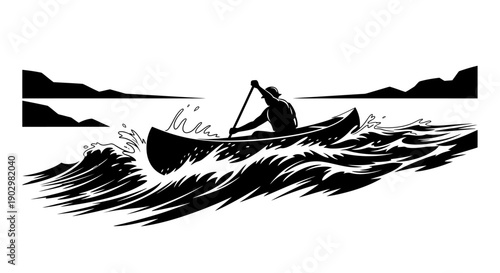 A lone canoeist paddles through turbulent waves on a serene lake surrounded by mountains from a distant viewpoint