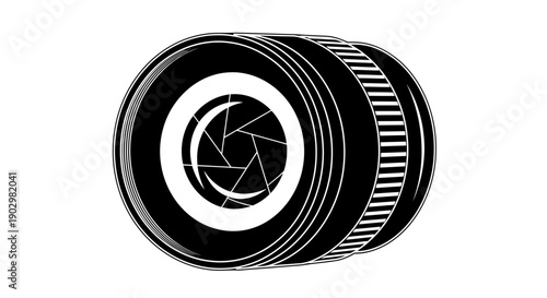 A camera lens viewed from the front showcasing its intricate details and aperture