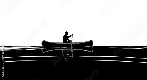 A lone paddler navigates a canoe through calm waters from a serene landscape viewpoint