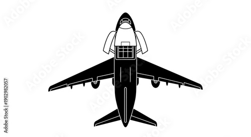 A commercial airliner is viewed from directly above, showcasing its sleek design and wings outstretched in a clear, overhead illustration