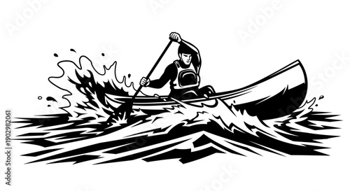 An adventurous paddler navigates a canoe through turbulent waters from a dynamic viewpoint