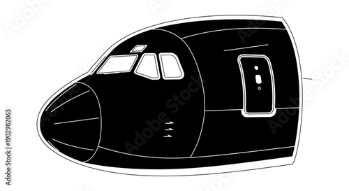 Simplified illustration of an airplane's nose section viewed from the side, showcasing cockpit windows and door details