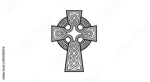 An intricate Celtic cross illustration featuring knotwork patterns and symbolic designs on a simple background