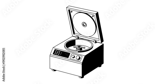 An open compact disc player displaying a disc inside viewed from a slightly elevated angle