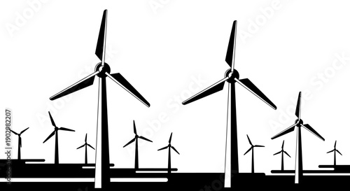 Wind turbines generating electricity in a serene landscape viewed from a distance with multiple turbines in the foreground and background