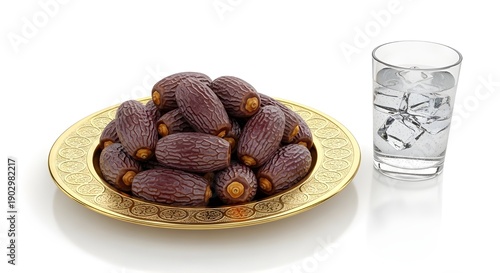 Date and Water: A plate of delicious dates alongside a glass of refreshing water, representing a time-honored tradition.