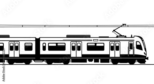 Illustration of a modern train traveling along an elevated track viewed from the side