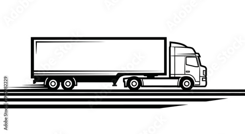 A large semi-truck driving on the highway with trailer attached viewed from the side